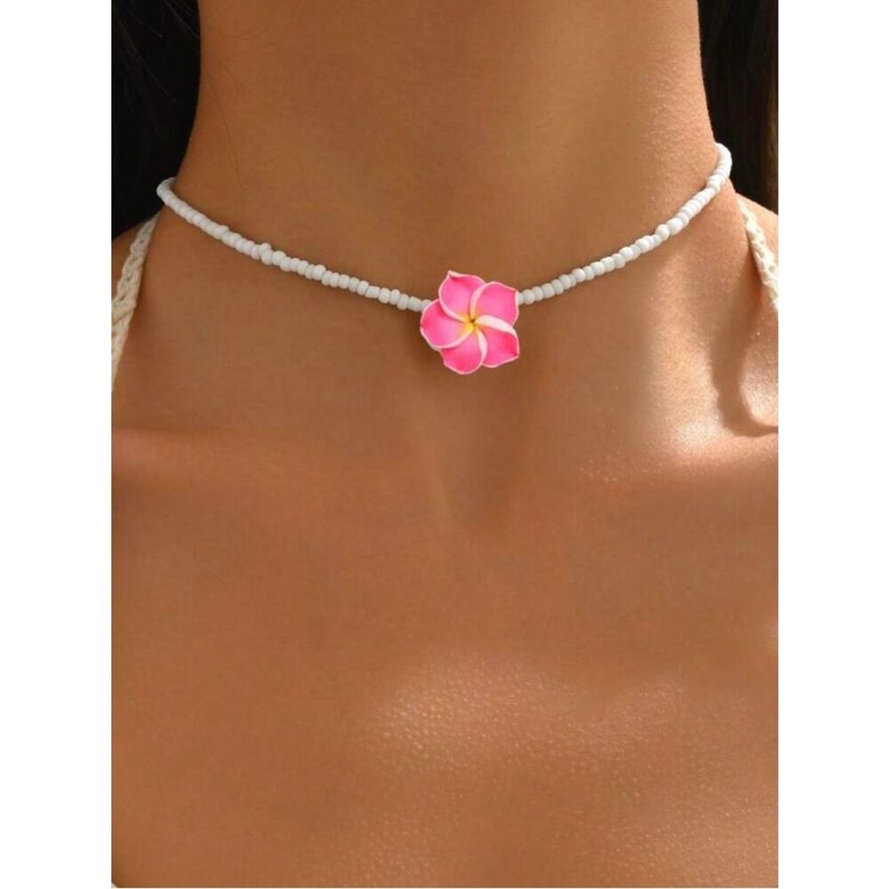 Pink Flower Bead Choker Necklace M758